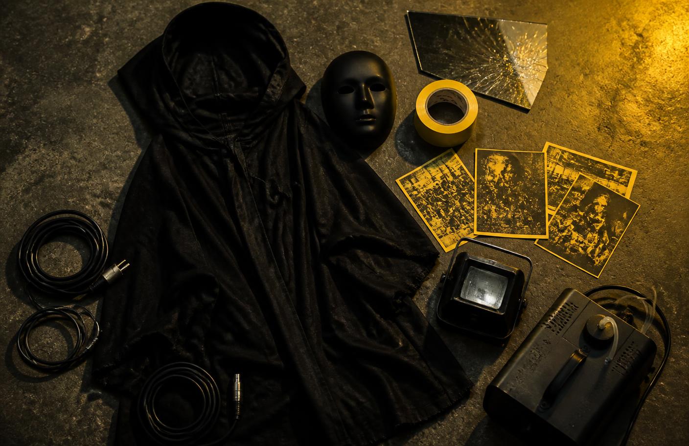 Dialectual stage kit laid out on concrete: mask, hooded cloak, yellow gaffer tape, photocopied posters, strobe and fog machine